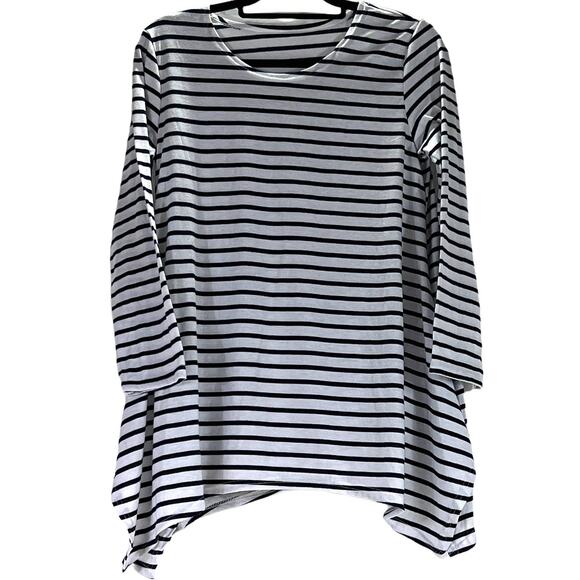Long Sleeve Asymmetrical Split SharkBite Tee Shirt Tunic Black & White Striped - Picture 1 of 11